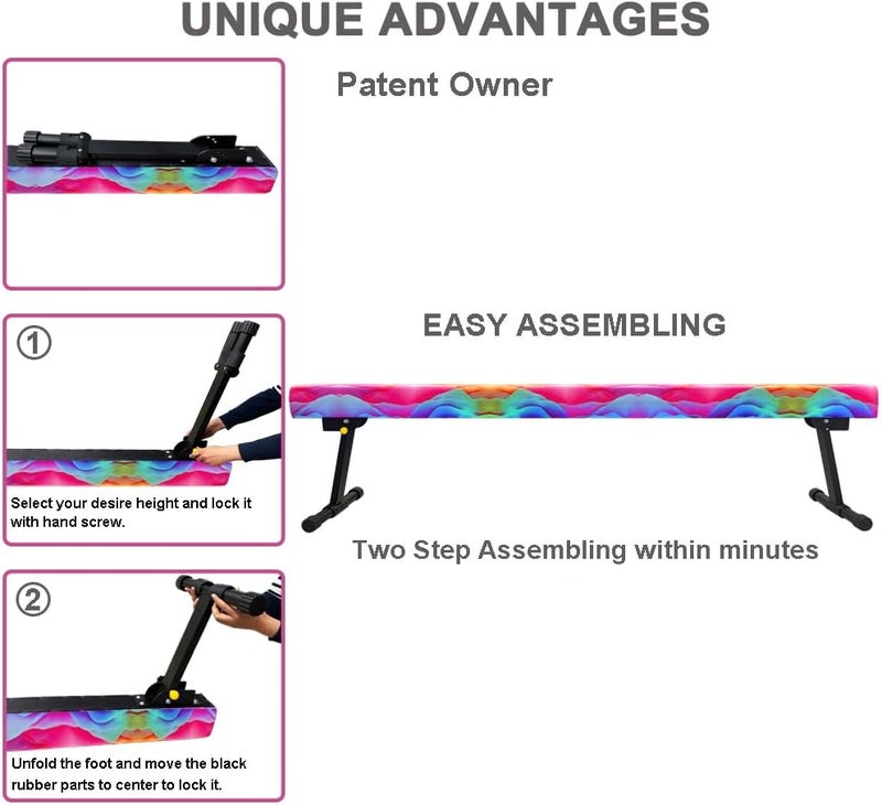 Peakpath 8FT Adjustable&Foldable Gymnastics Balance Beam,Home Gym Equipment,Easy Assembling and Storage,No Tool Require,for Kids Children Girls Training (Candy Pink, 8FT) - Image 2